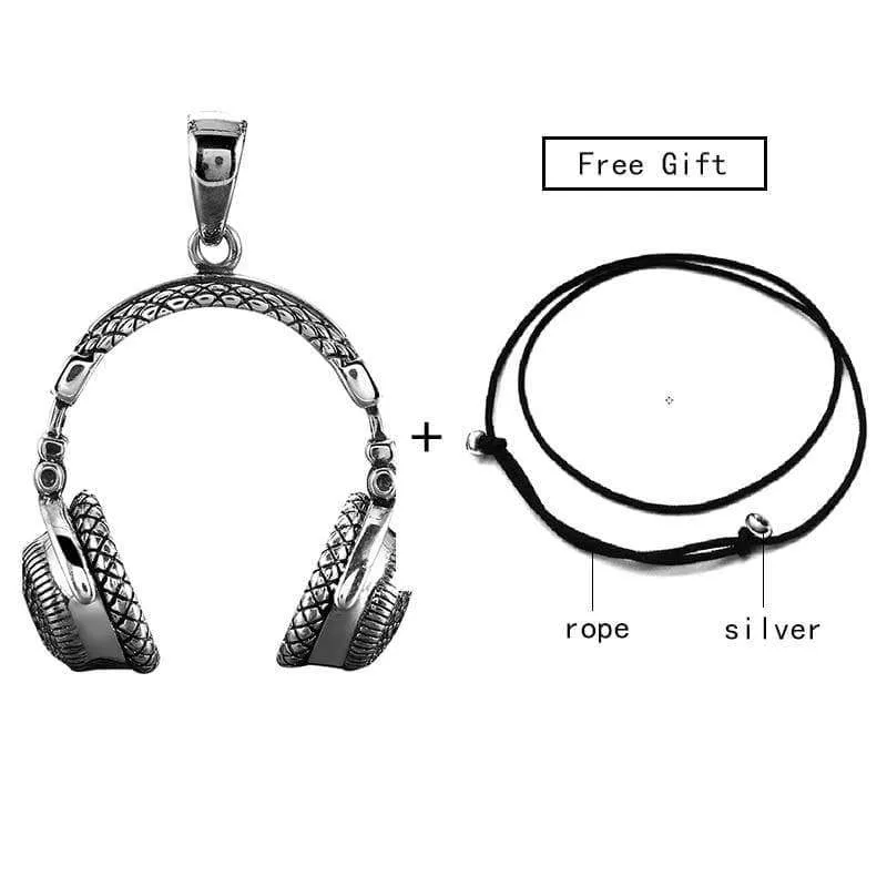 Gothic Solid 925 Sterling Silver Music Headset Pendant Necklace For Men 70*32mm Vintage Fashion Biker Male Jewelry