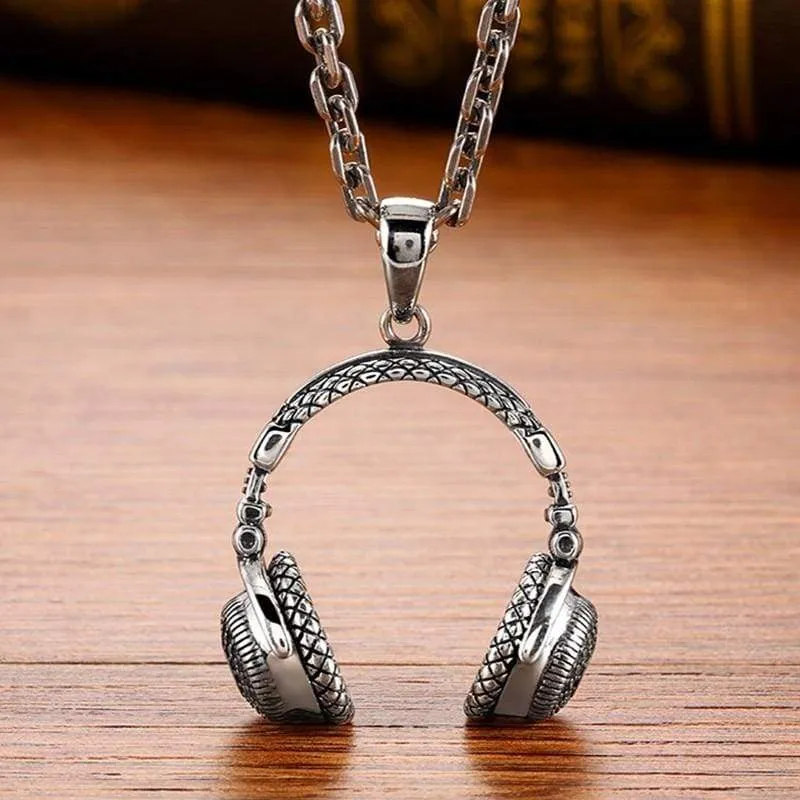 Gothic Solid 925 Sterling Silver Music Headset Pendant Necklace For Men 70*32mm Vintage Fashion Biker Male Jewelry