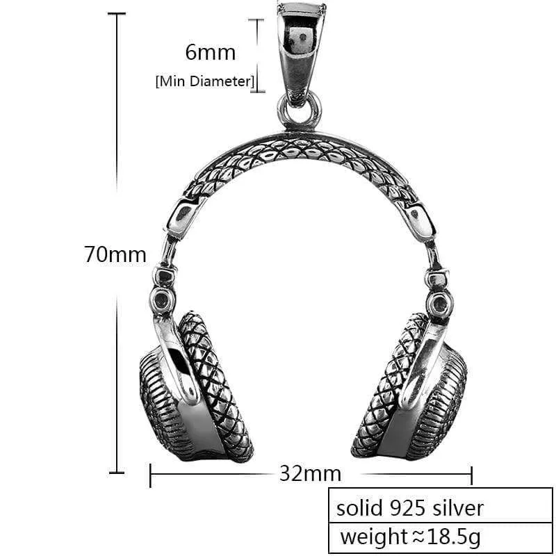 Gothic Solid 925 Sterling Silver Music Headset Pendant Necklace For Men 70*32mm Vintage Fashion Biker Male Jewelry