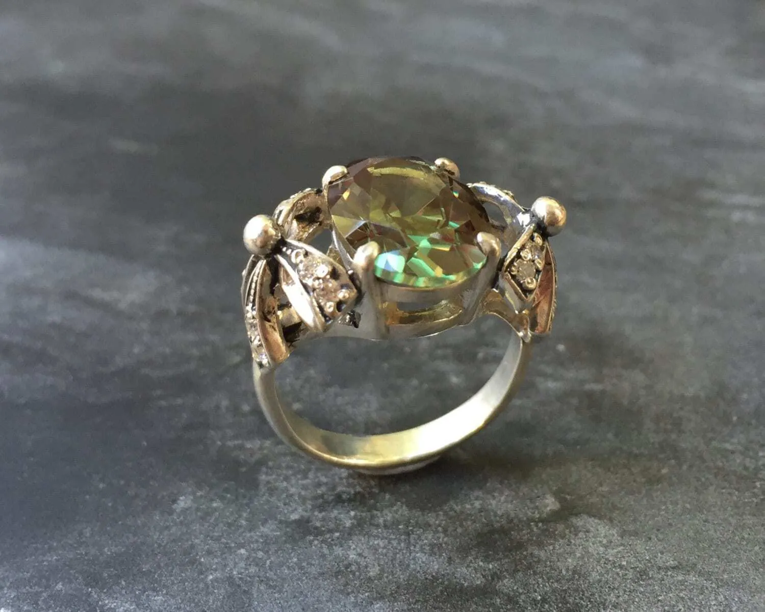 Green Diamond Ring - Vintage Diamond Ring - Classic Bow Ring