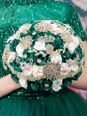 Green with ivory quinceanera bouquet 13 inches