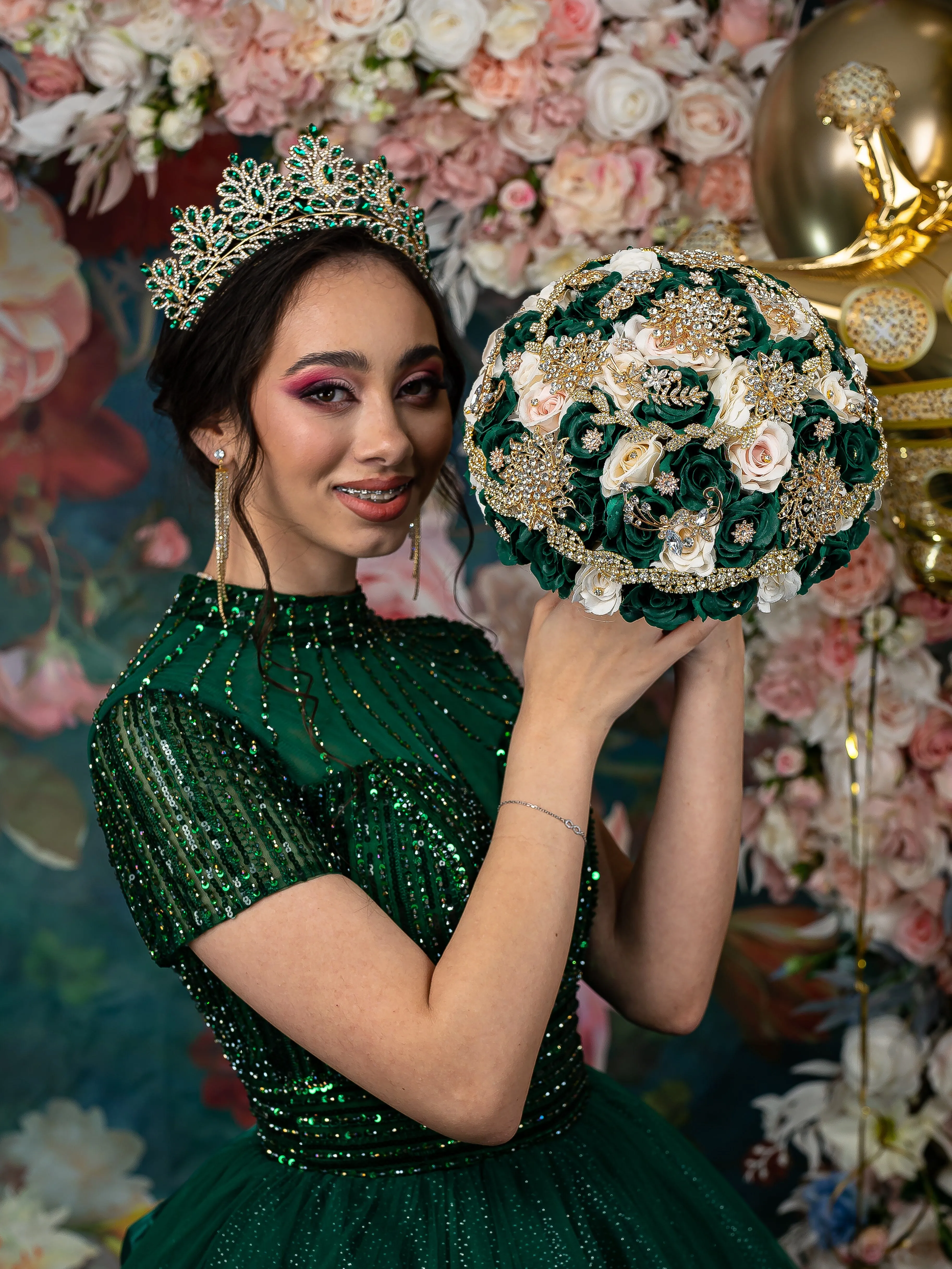 Green with ivory quinceanera bouquet 9 inches