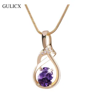 GULICX New Purple Crystal Wedding Jewelry for Women Gold-color Luxury Brand Statement Zirconia Pendant Necklace P019/P020