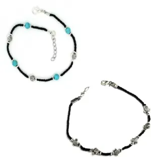 Gurjari Jewellers Black Thread Anklet with Turquoise   EvileEye   oxidised Beads Cotton Cotton Dori Anklet (PACK OF 2)