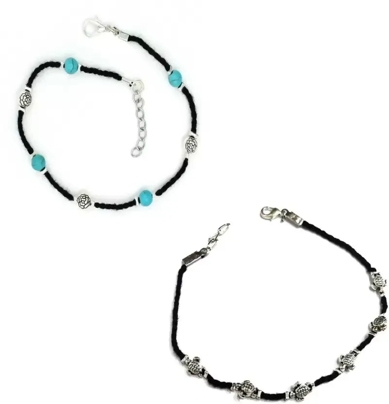 Gurjari Jewellers Black Thread Anklet with Turquoise   EvileEye   oxidised Beads Cotton Cotton Dori Anklet (PACK OF 2)