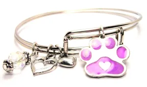 Hand Painted Center Heart Paw Print Purple Expandable Bangle Bracelet Set