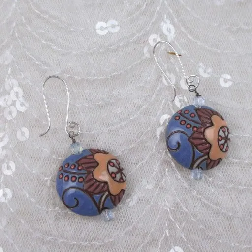 Handmade Periwinkle Blue Floral Ceramic Earrings  Golem