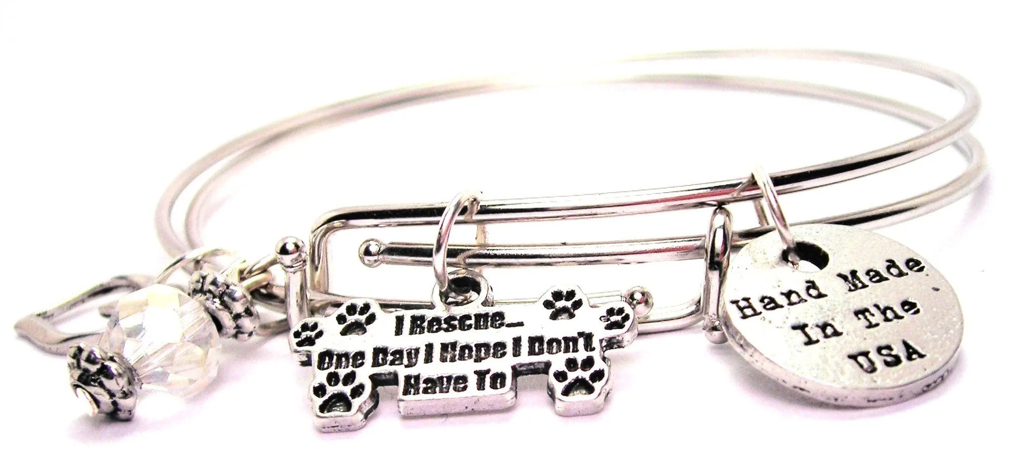 I Rescue One Day I Hope I Don't Have To Paw Prints Expandable Bangle Bracelet Set