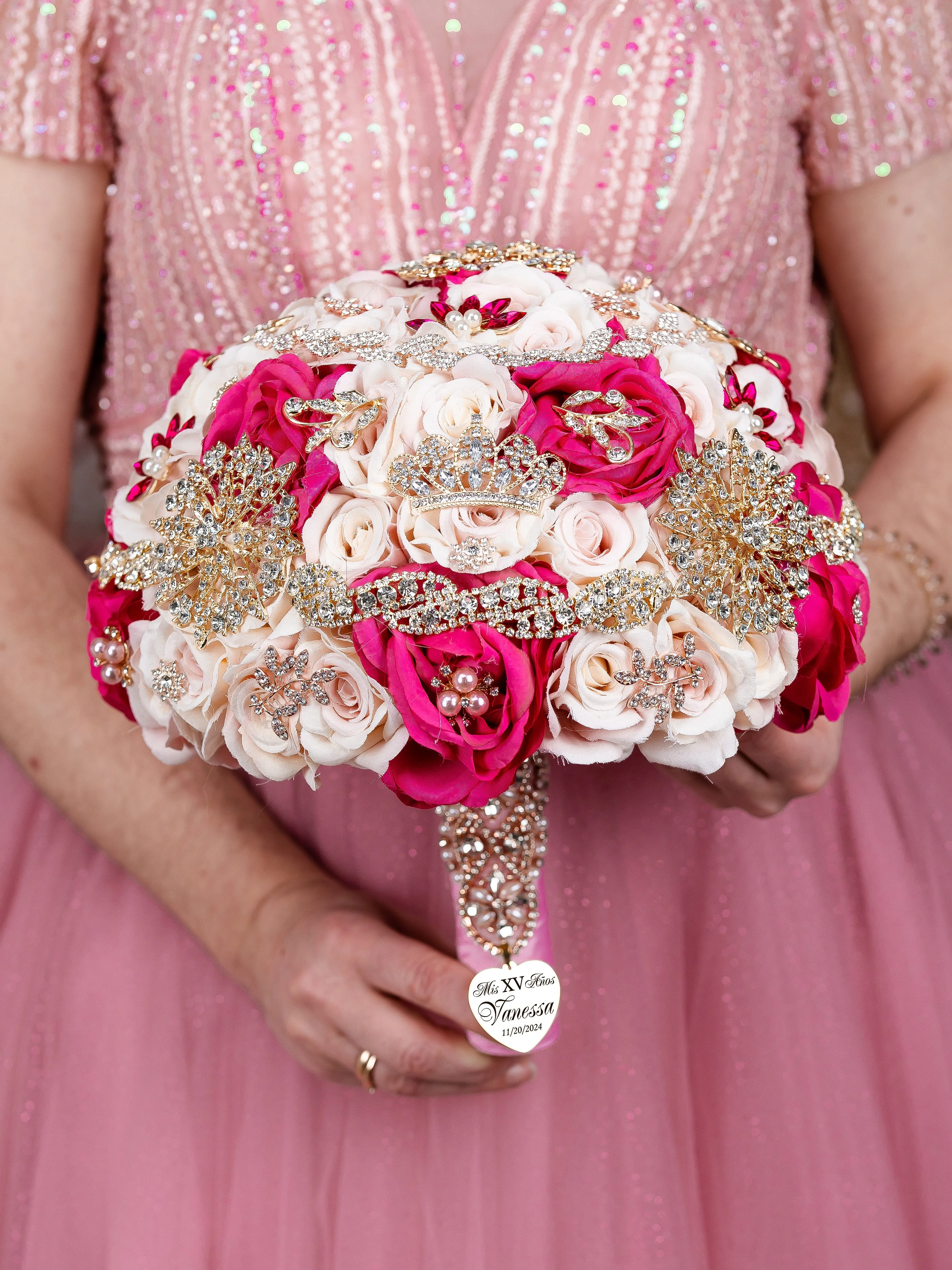 Ivory Fuchsia quinceanera bouquet 13 inches