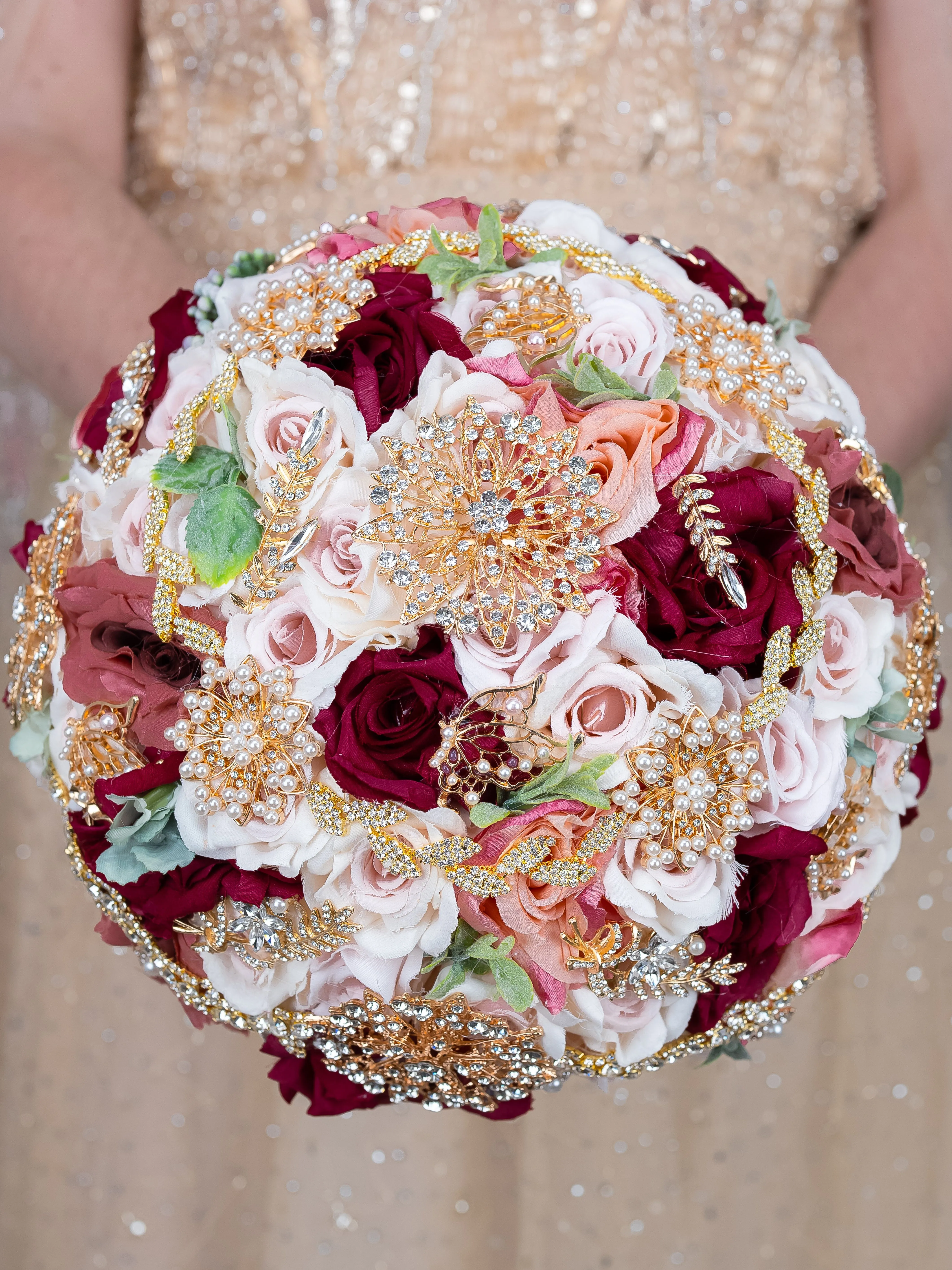 Ivory Pink Burgundy quinceanera bouquet 13 inches