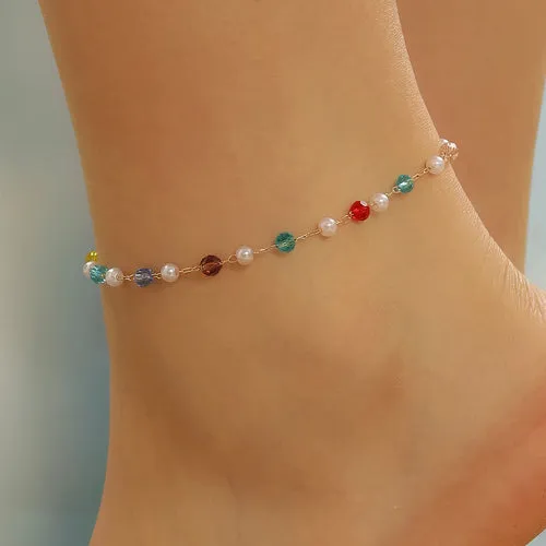 Korean Colorful Beads Chain Anklets Bracelets Women Summer Barefoot