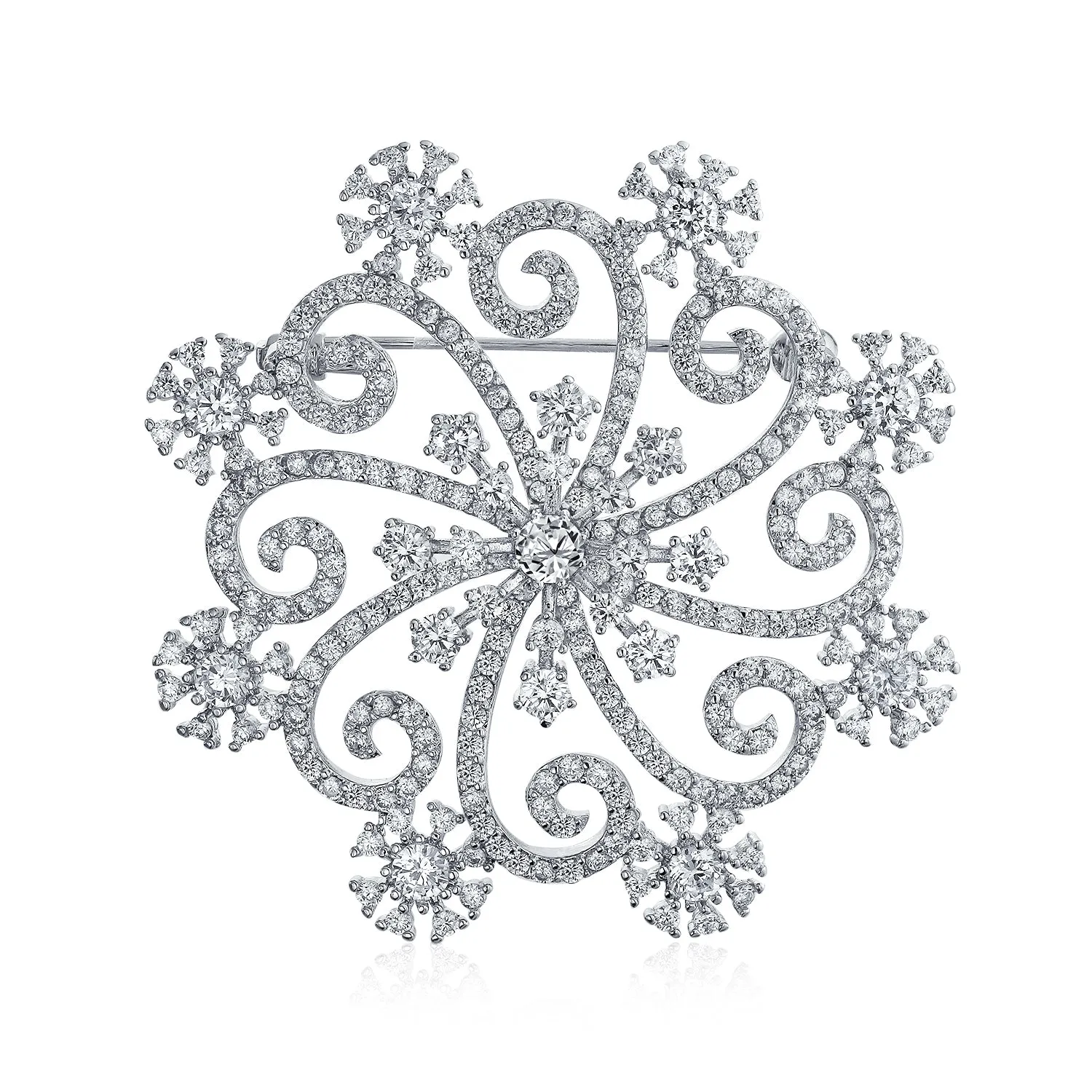 Large Winter Swirl CZ Snowflake Brooche Pin Silver Plated Brass for Holiday Party