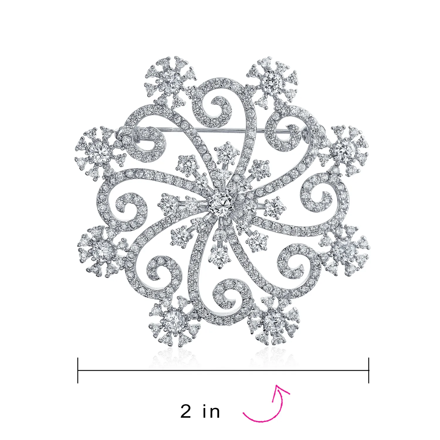 Large Winter Swirl CZ Snowflake Brooche Pin Silver Plated Brass for Holiday Party