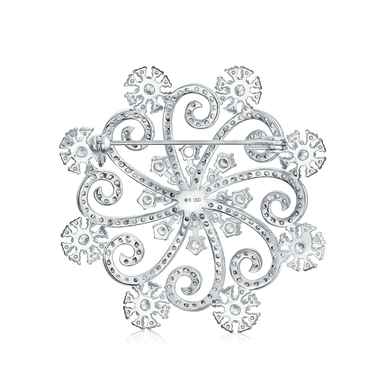 Large Winter Swirl CZ Snowflake Brooche Pin Silver Plated Brass for Holiday Party