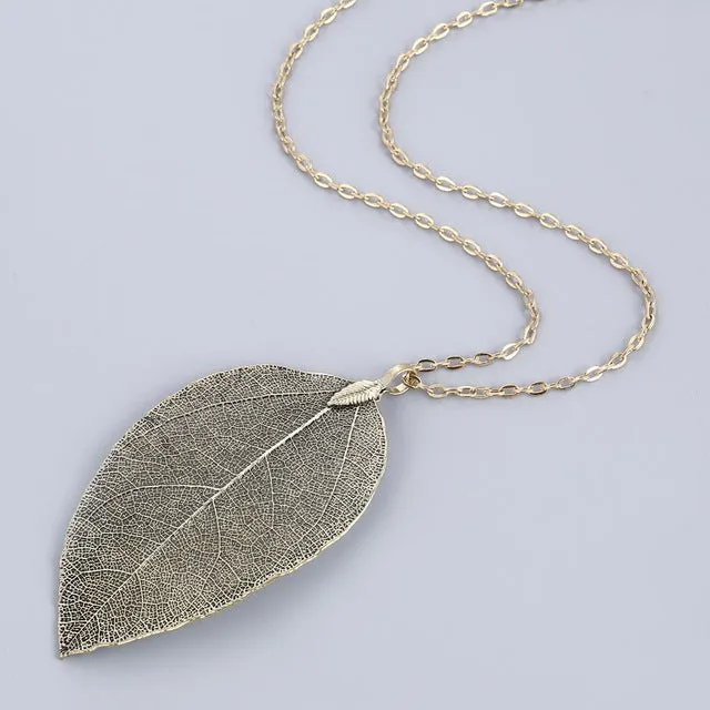 LOVBEAFAS 2017 Fashion Maxi Necklace Women Fine Jewelry Long Chain Pendant Necklace Collar Real Natural Leaf Necklace