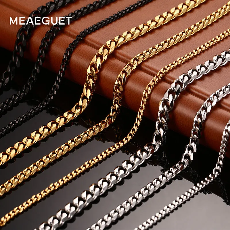 Meaeguet Fashion Stainless Steel 24/30inch Long Chains Necklaces For Men 3mm/5mm/7mm Wide Gold-Color Necklace Chain Jewelry