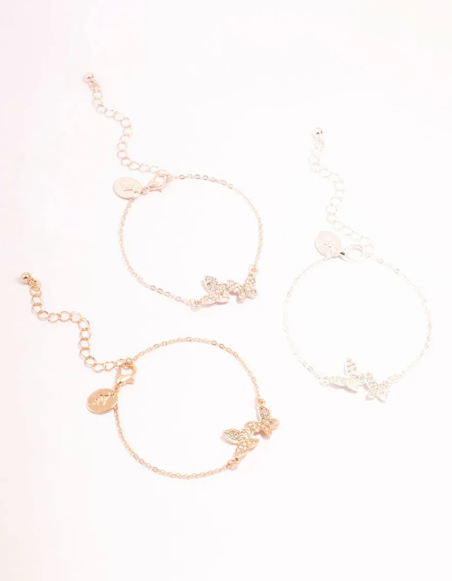 Mixed Metals Pave Diamante Butterfly Bracelets 3-Pack