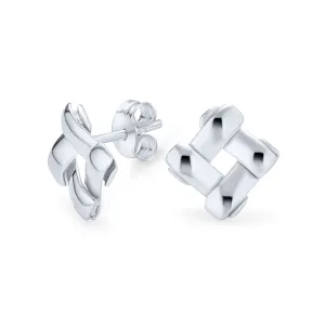 Modern Geometric Square Basket Weave Stud Earrings in Sterling Silver