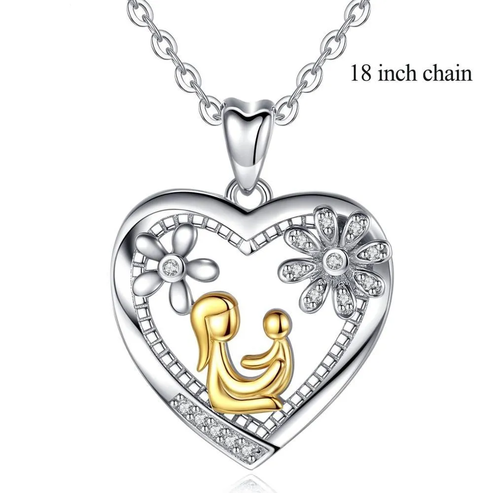 Mom Hold Child Pendant Heart Flower Charm Necklaces Fine Jewelry