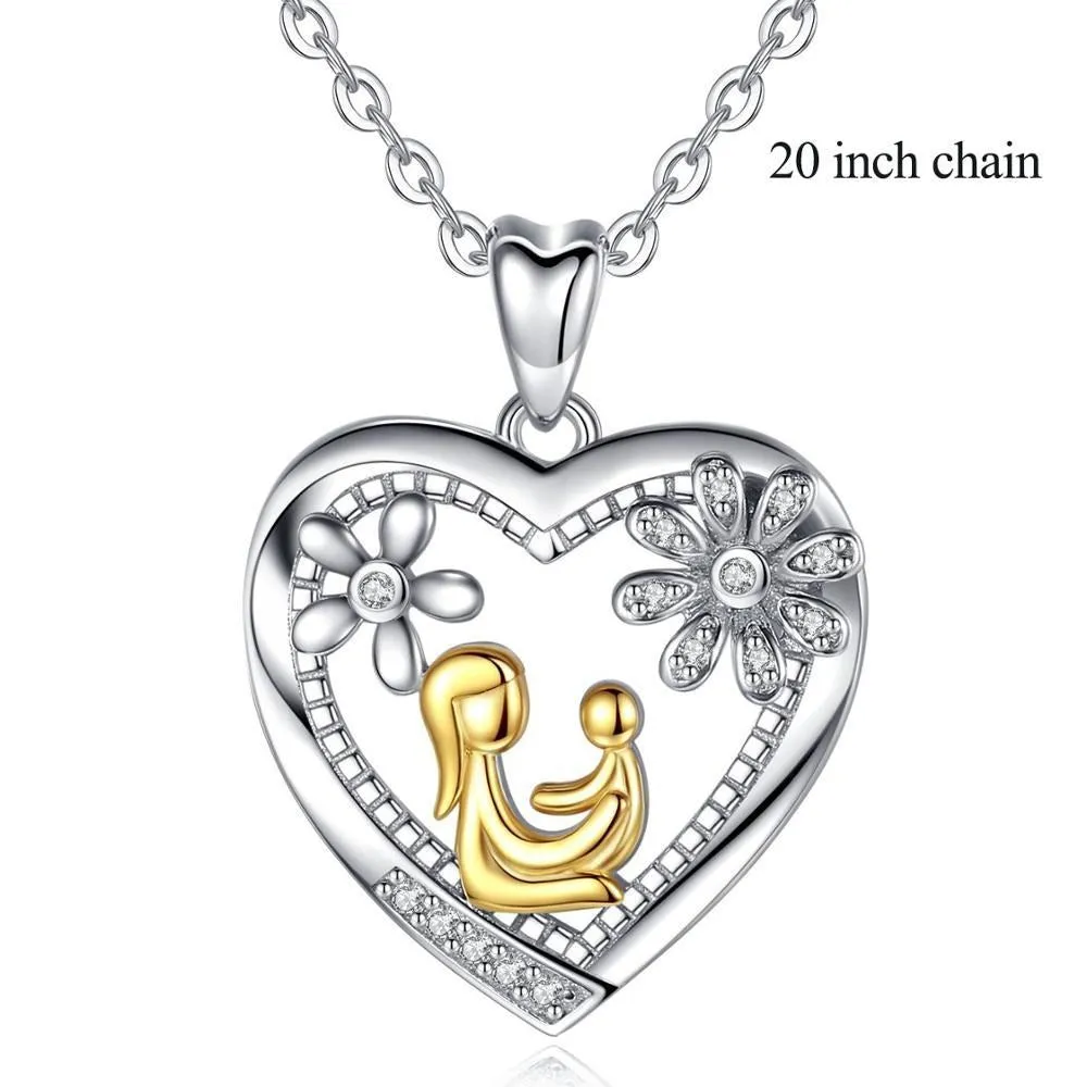 Mom Hold Child Pendant Heart Flower Charm Necklaces Fine Jewelry