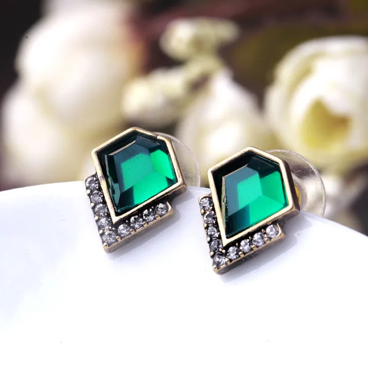 Ms Fashion Classic Emerald Geometric Crystal Stud Earrings