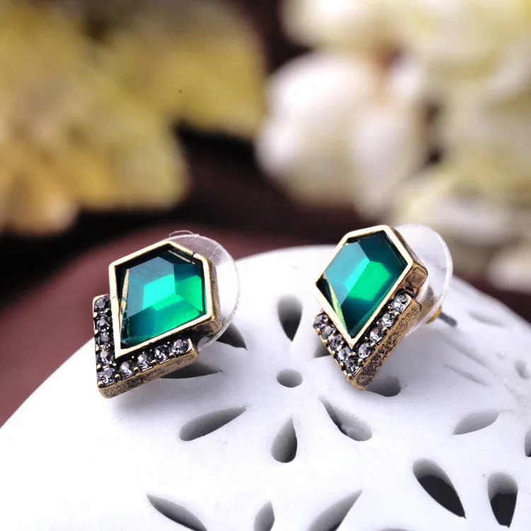 Ms Fashion Classic Emerald Geometric Crystal Stud Earrings