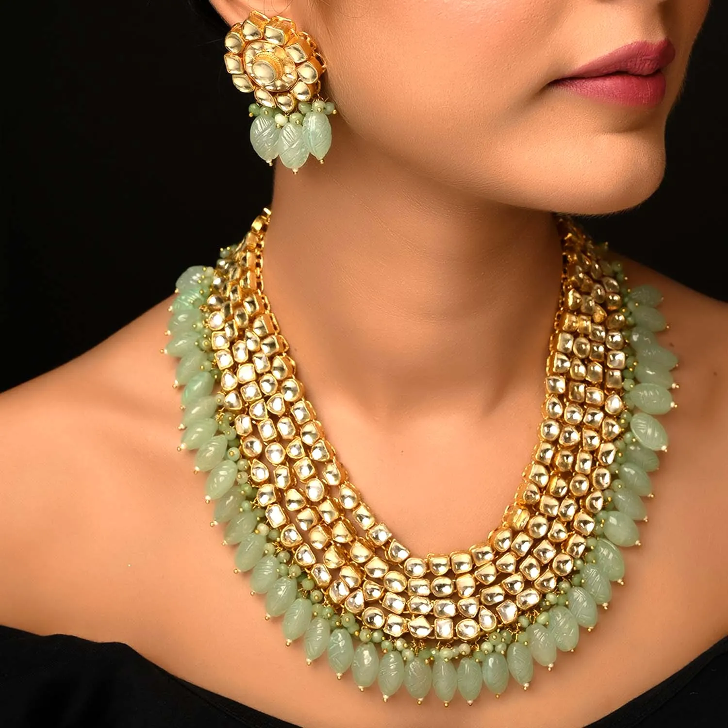 Naaz Golden Coloured Pachi Kundan Long Necklace Set With Mint Green Drops