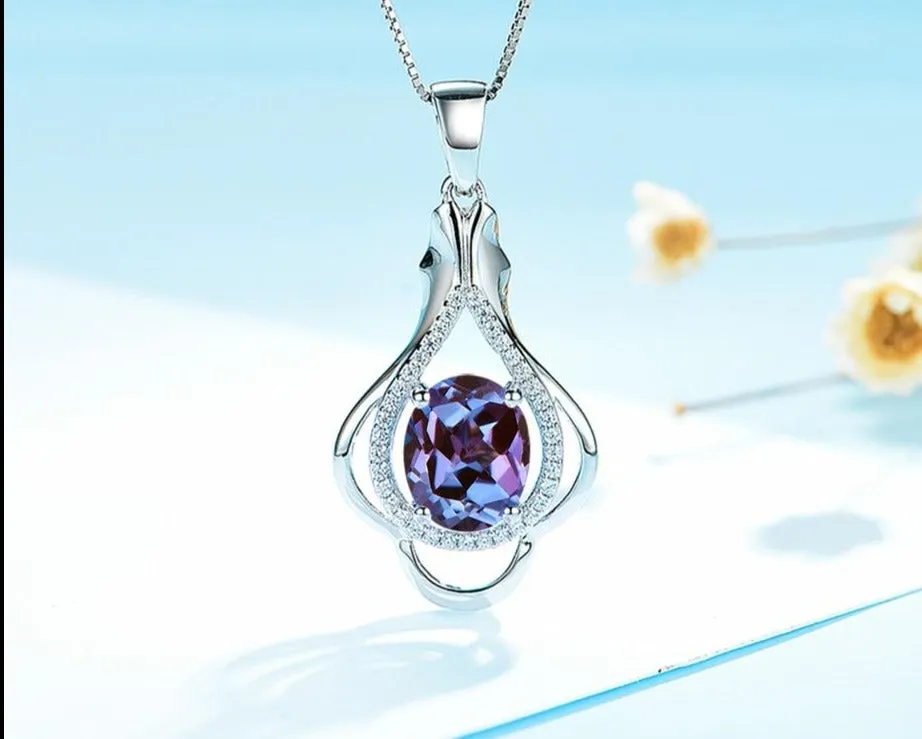 Natural Alexandrite Gemstone Pendant For Women Solid 925 Sterling Silver 585 rose gold Oval 8x10 Stone necklace For Women