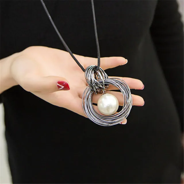 Ocean red white pearl ball pendant long necklace New circles simulated women black chain necklace fashion jewelry wholesale gift