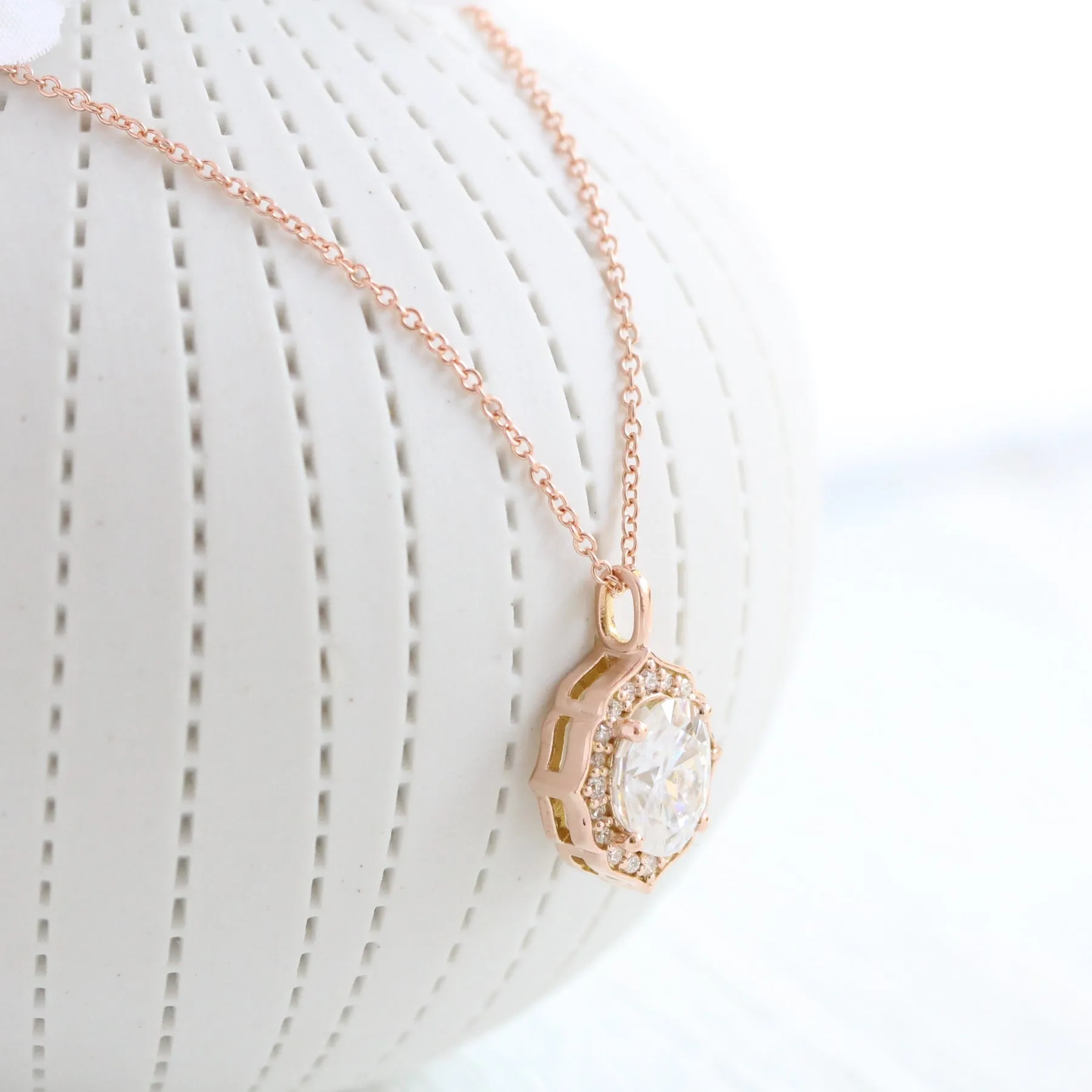 Oval Moissanite Diamond Necklace in 14k Gold Vintage Floral Halo Pendant