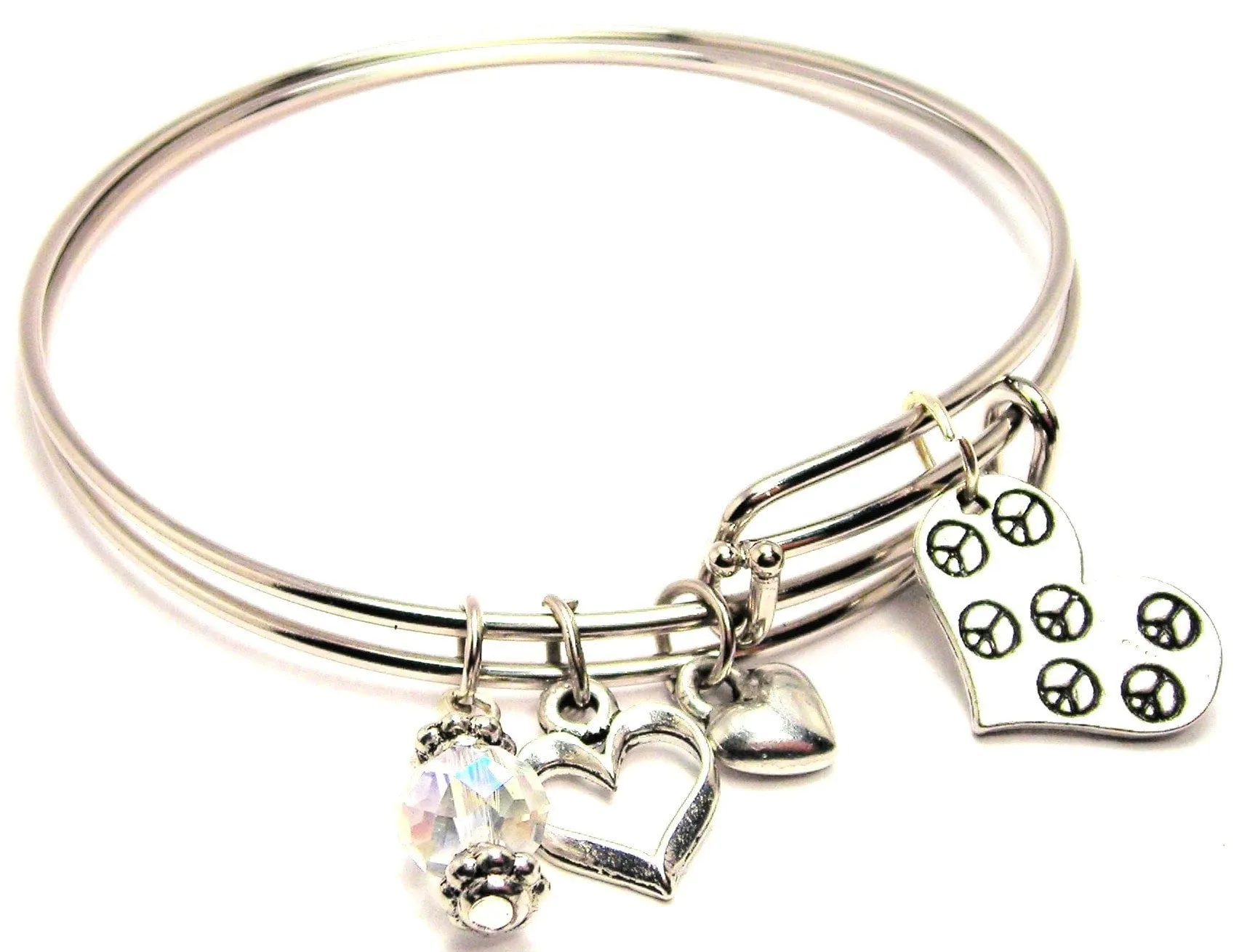 Peace All Over Heart Expandable Bangle Bracelet Set