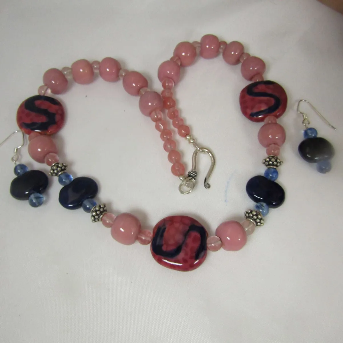 Pink & Navy African Kazuri and Quartz Necklace & Earrings