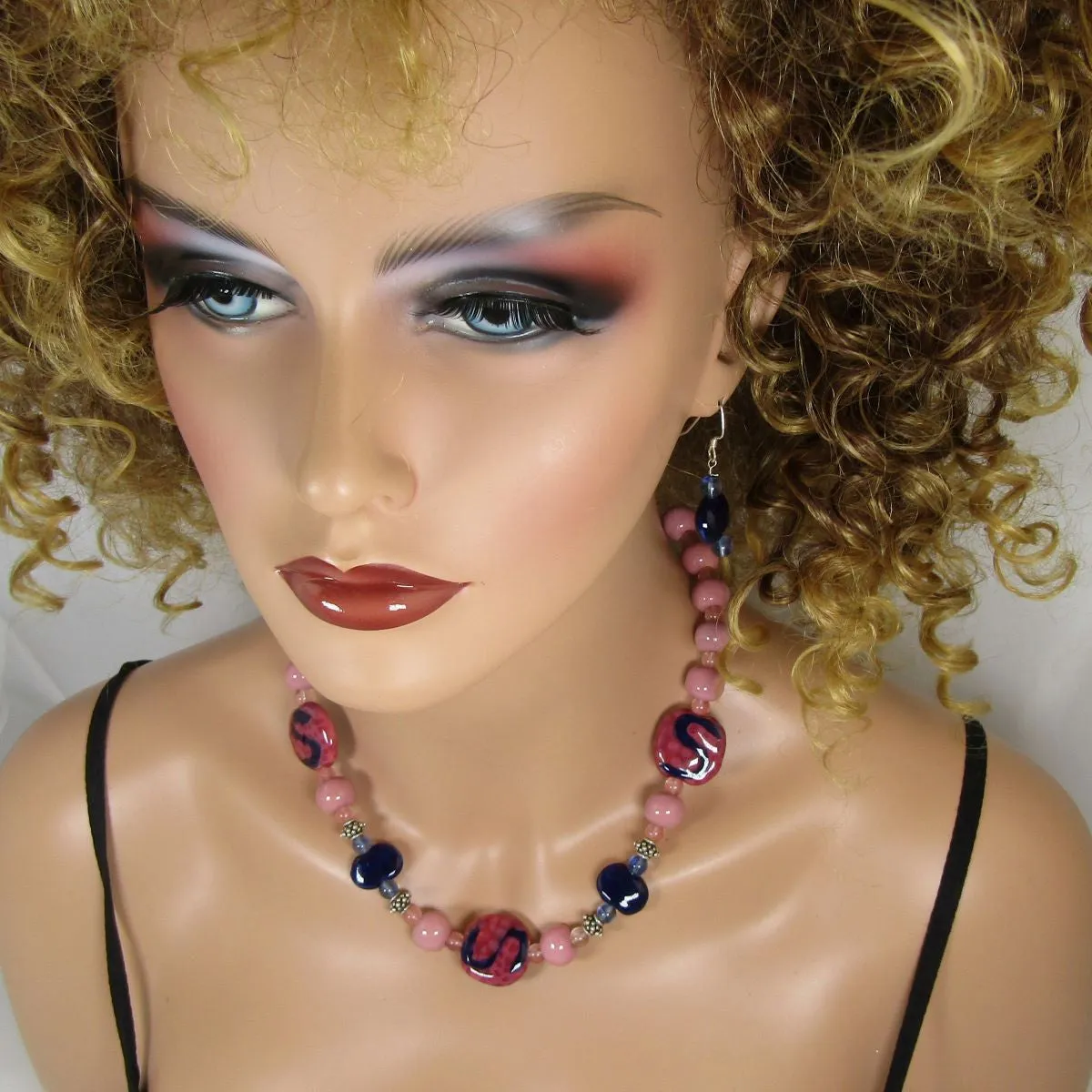 Pink & Navy African Kazuri and Quartz Necklace & Earrings