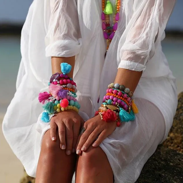 Pink/Green Rainbow Tassel Bracelet