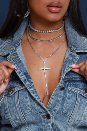 Pray For You Rhinestone Cross Necklace - Silver