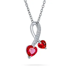 Romantic Promise Pendant Necklace with Ruby Red CZ Hearts in Sterling Silver