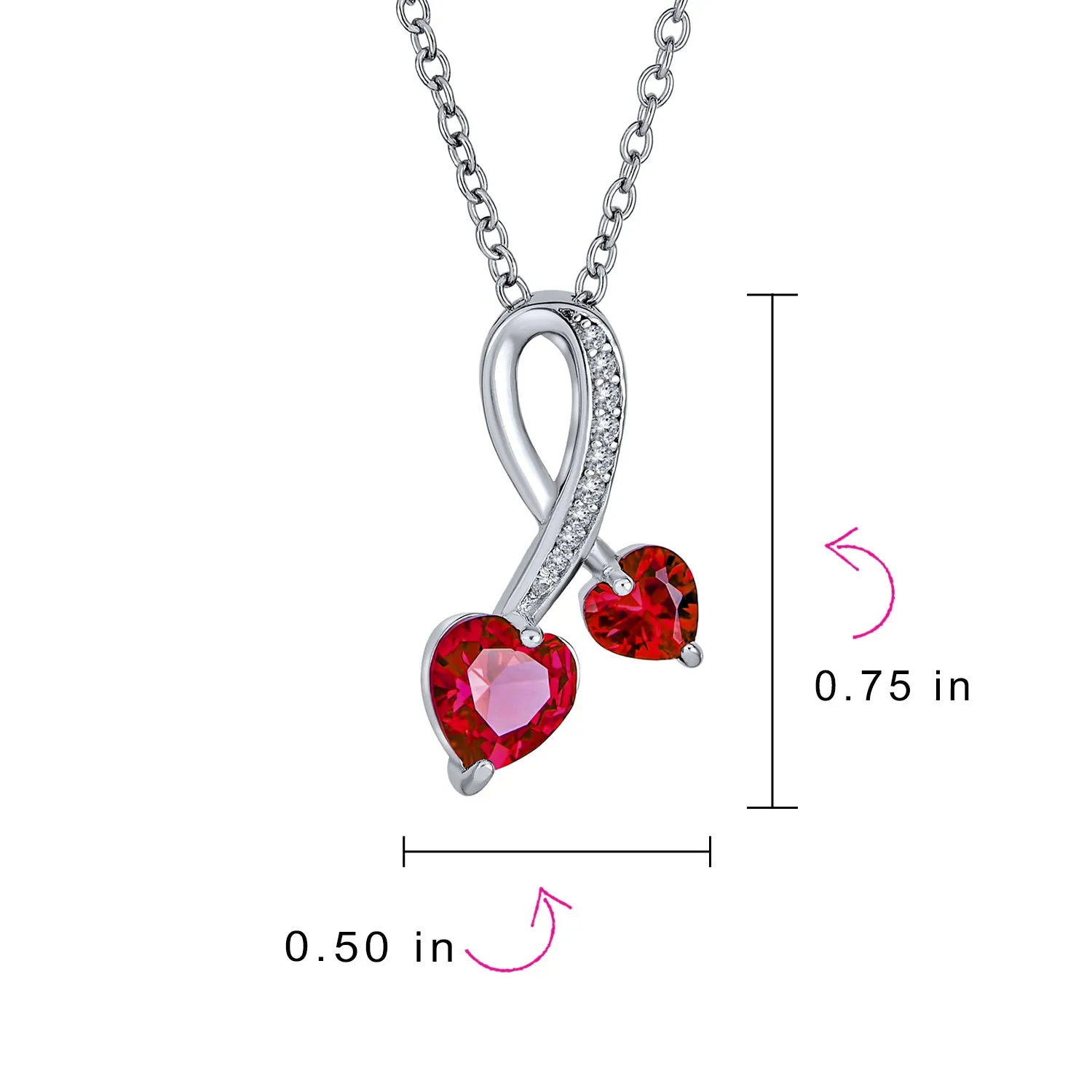 Romantic Promise Pendant Necklace with Ruby Red CZ Hearts in Sterling Silver