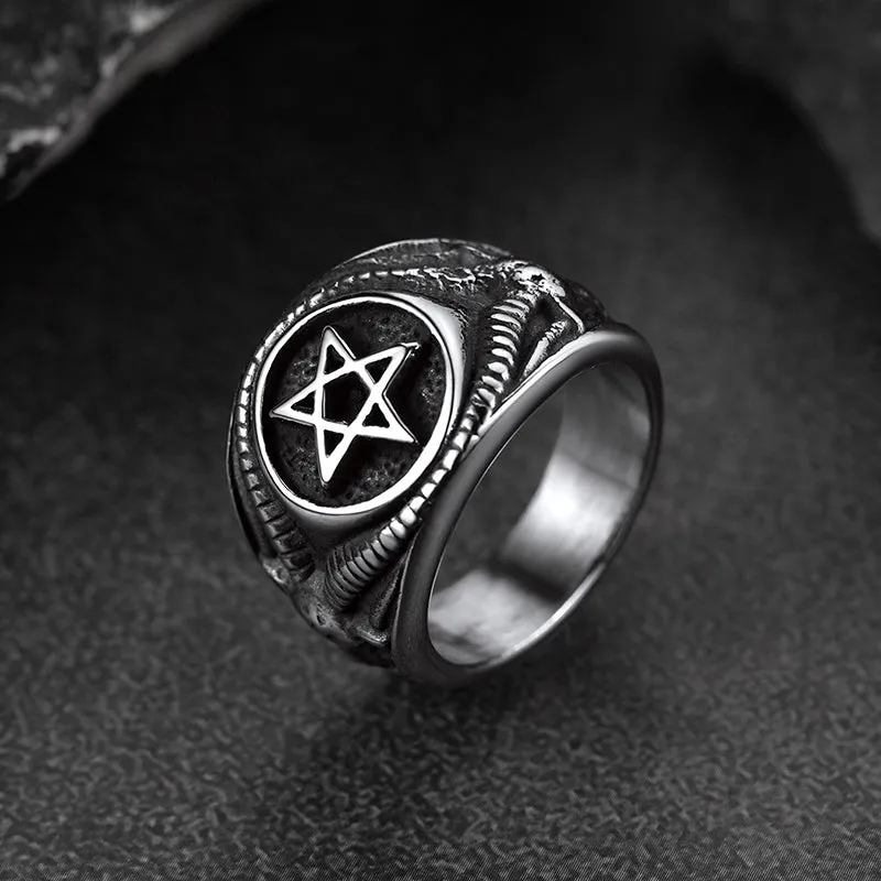 Satanic Goat Pentagram Ring Baphomet Ring for Men