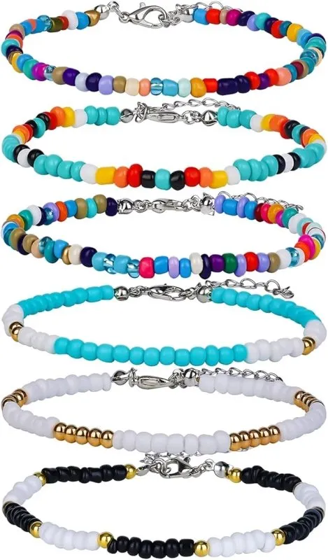 SAVITA 6 Pieces Handmade Beaded Anklets for Women Colorful Bohemian Glass Beads Ankle Wrap Bracelets String Adjustable Elastic (8" to 10")