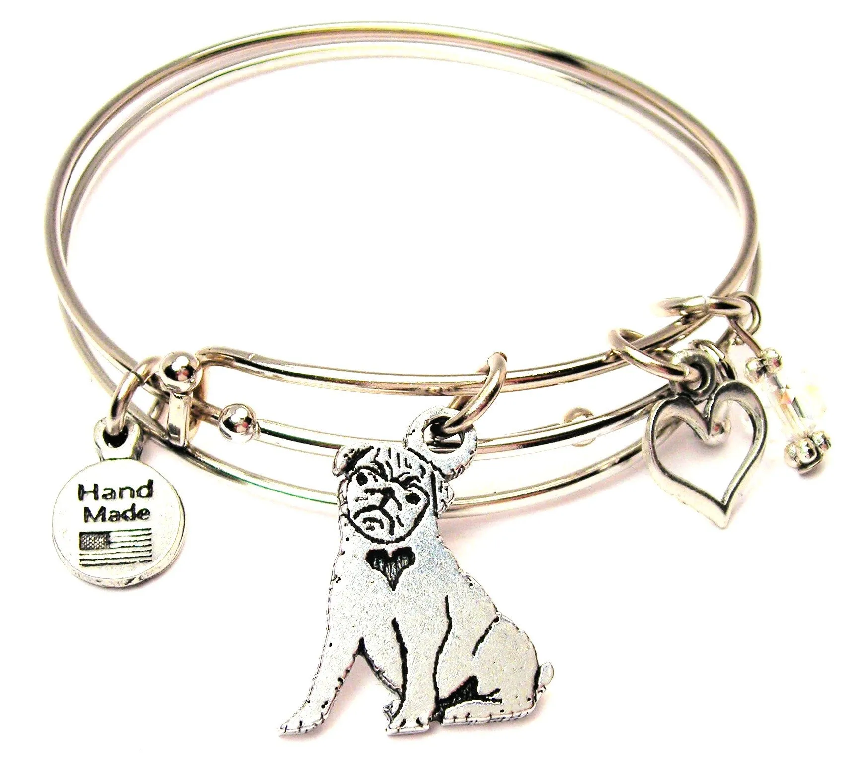 Sitting Pug With Heart Expandable Bangle Bracelet Set