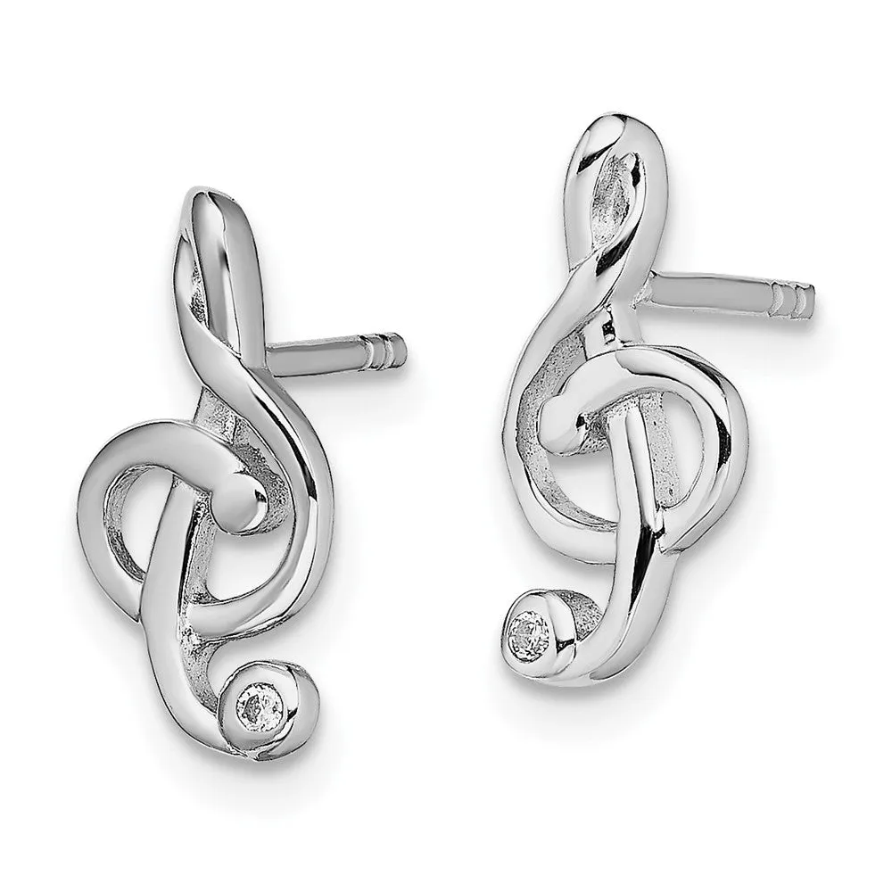 Sterling Silver Cubic Zirconia 14X7MM Stud Treble Clef Earrings