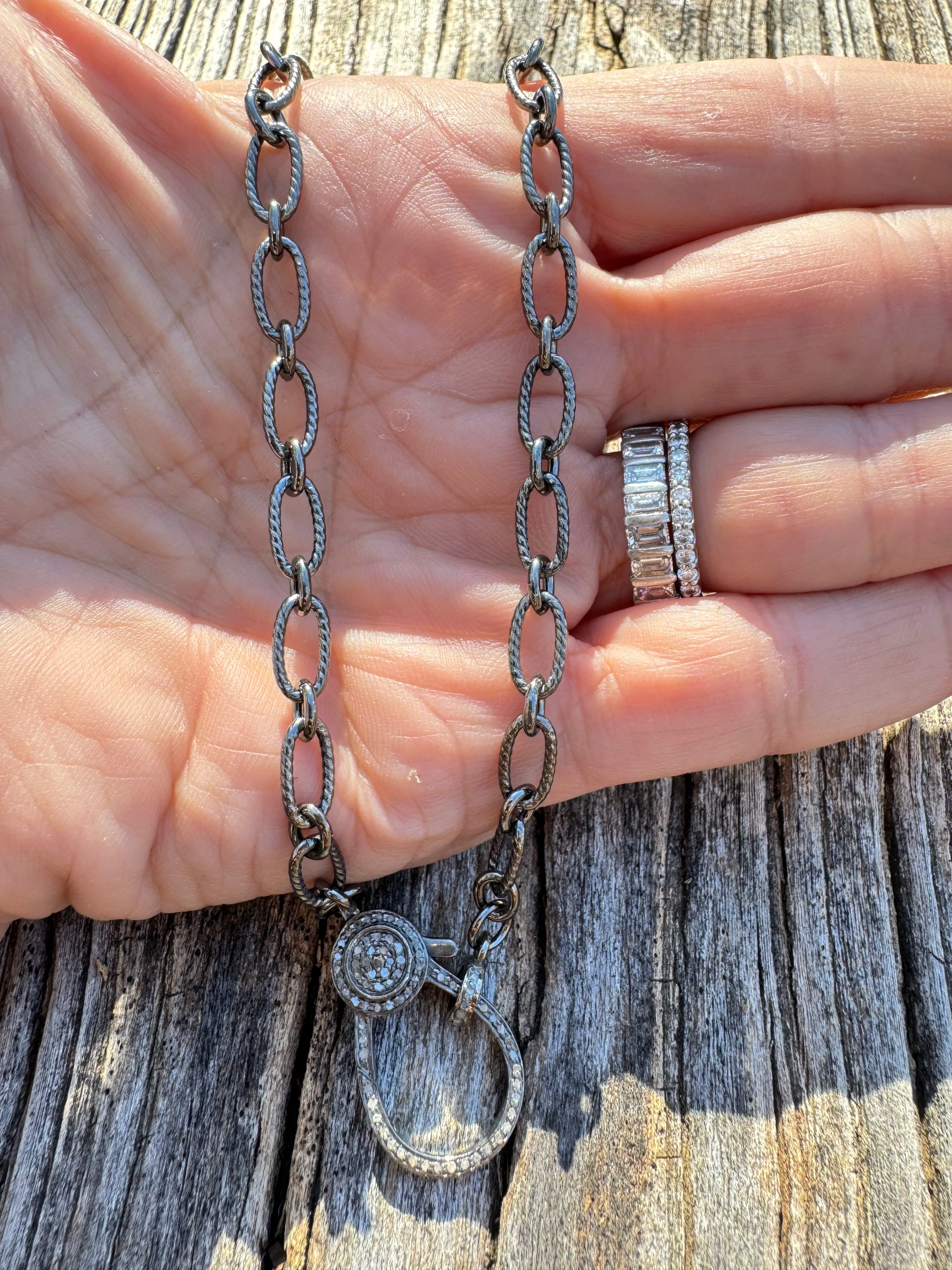 Sterling Silver Large and Small Link Necklace with Pave Diamond Lobster Claw Clasp