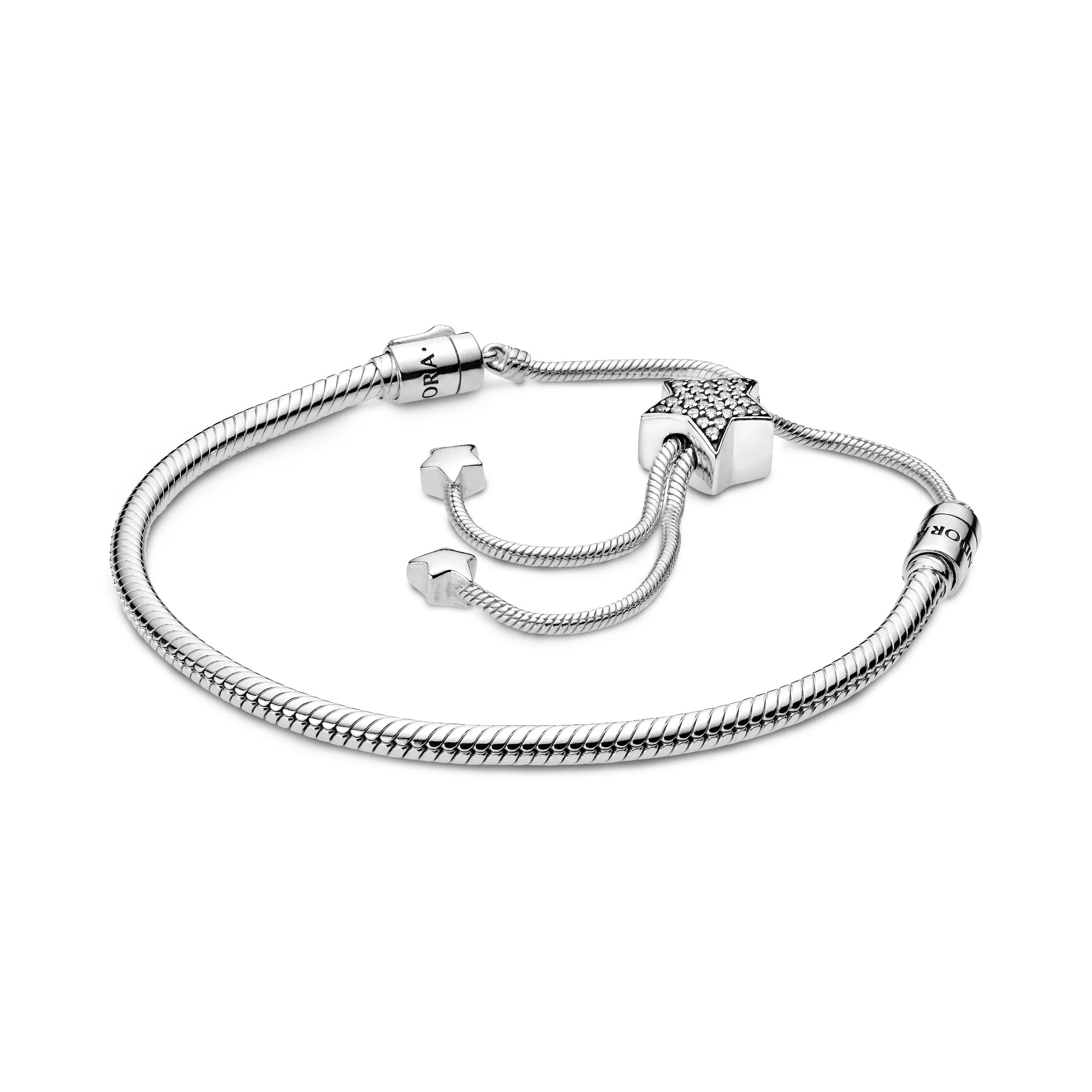 Sterling silver snake chain sliding bracelet and star clasp with clear cubic zirconia