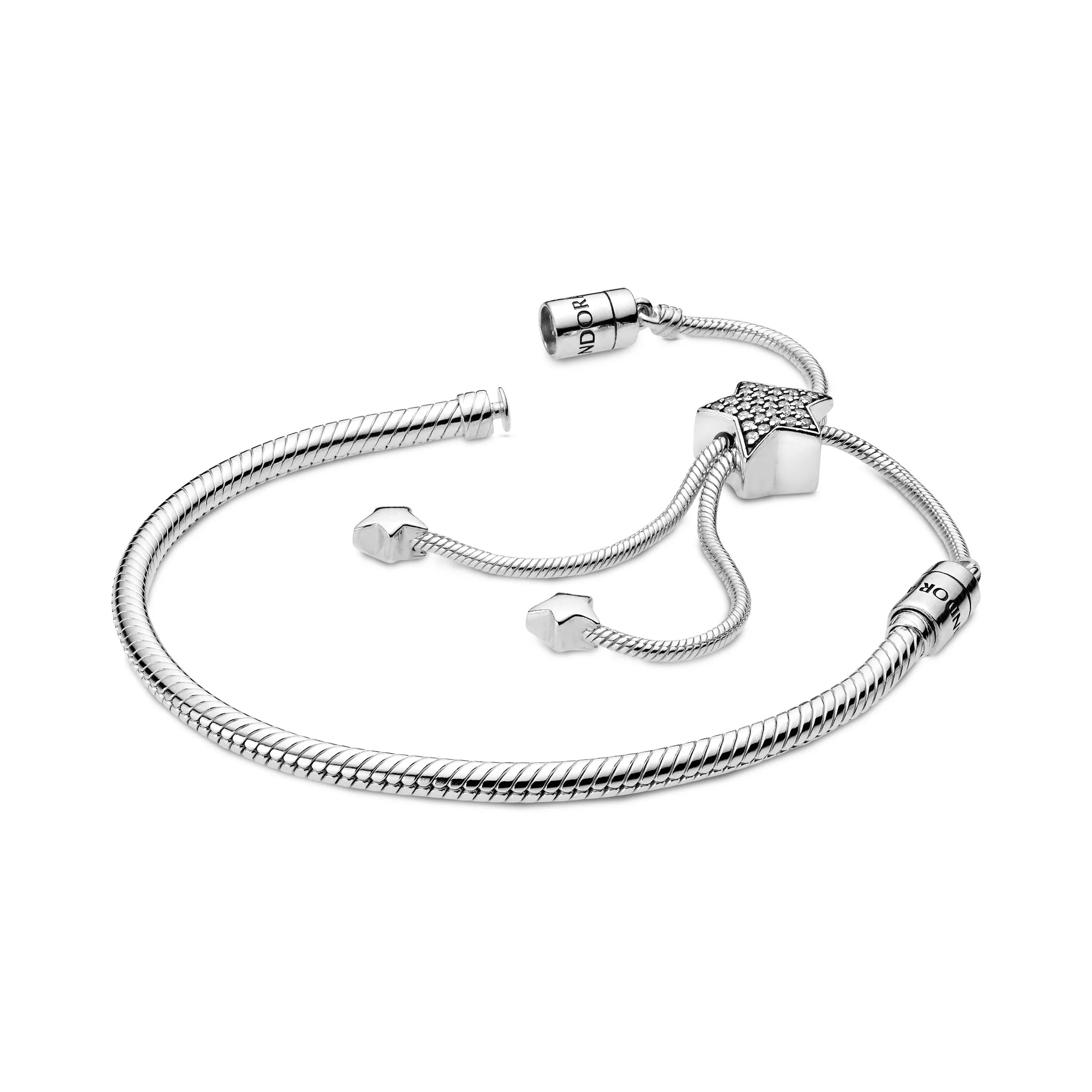 Sterling silver snake chain sliding bracelet and star clasp with clear cubic zirconia