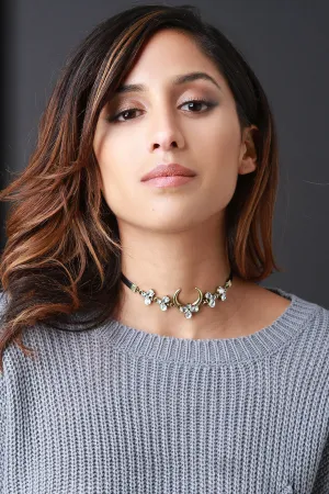 Vegan Leather And Rhinestone Choker Necklace