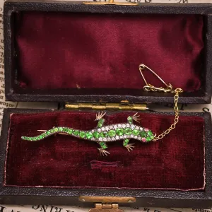 Victorian Demantoid Garnet & Diamond Salamander Brooch