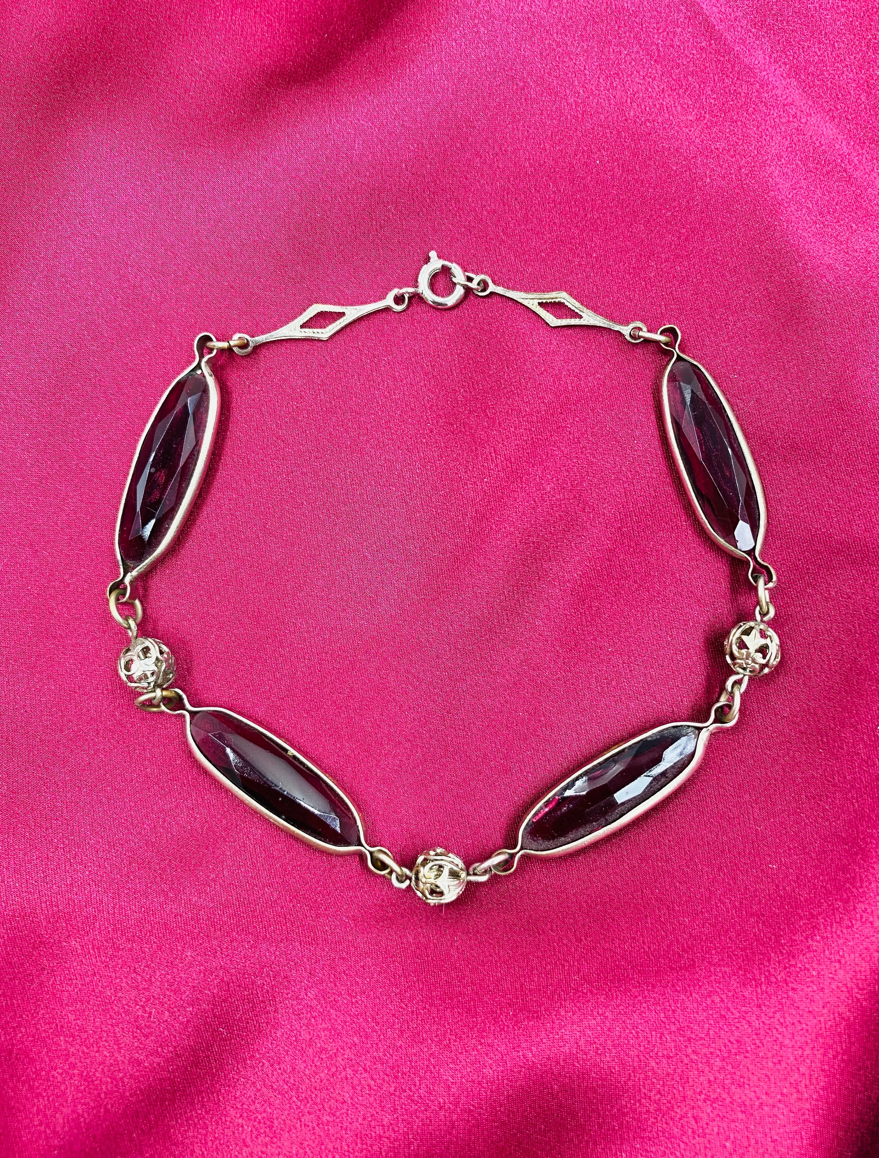 Vintage 1940s Silver & Purple Crystal Link Bracelet