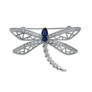 Vintage Style Sapphire Blue CZ Butterfly Dragonfly Brooche Pin Silver Plated