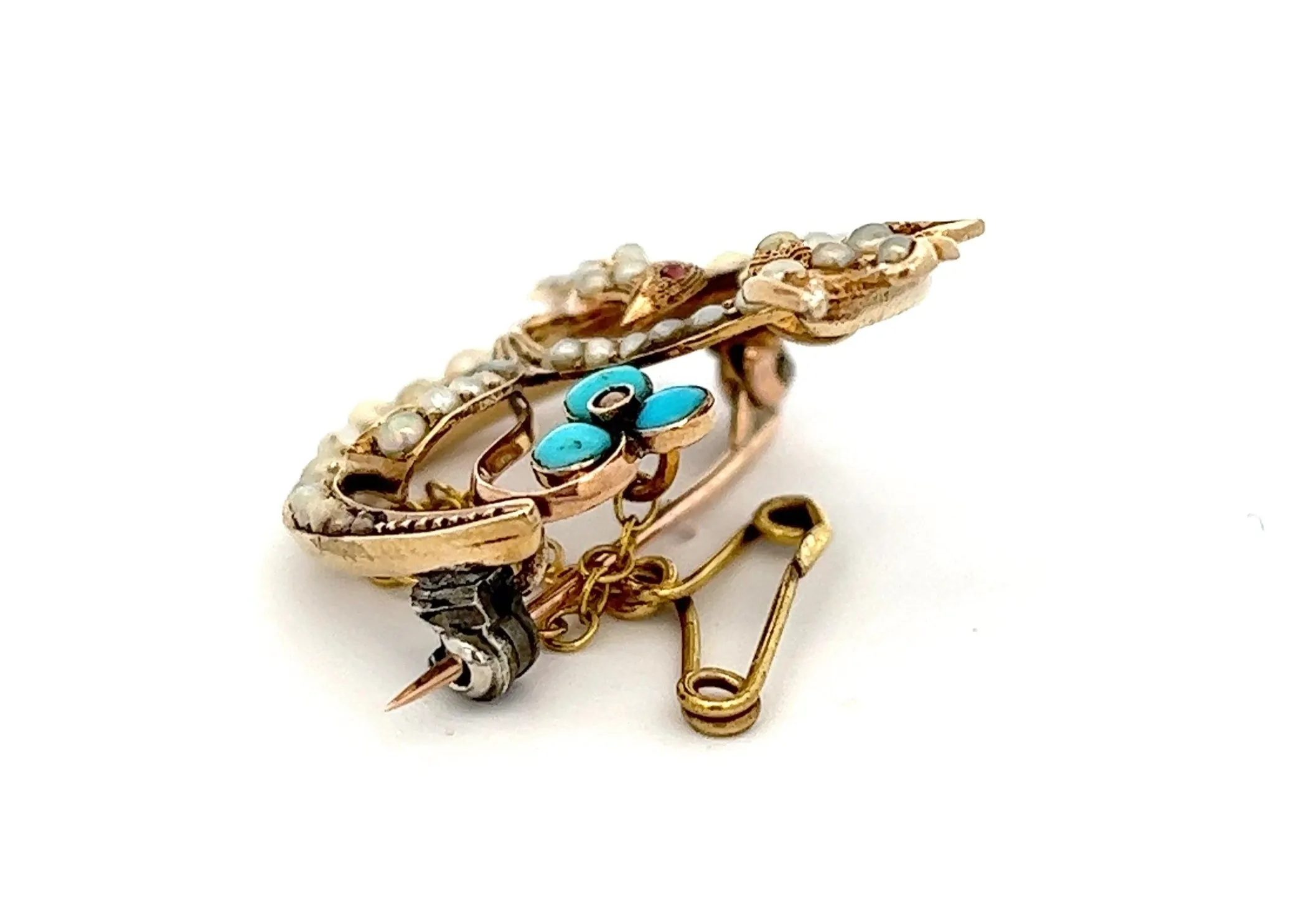 Vintage Turquoise & Seed Pearl 9ct Yellow Gold Bird & Flower Brooch