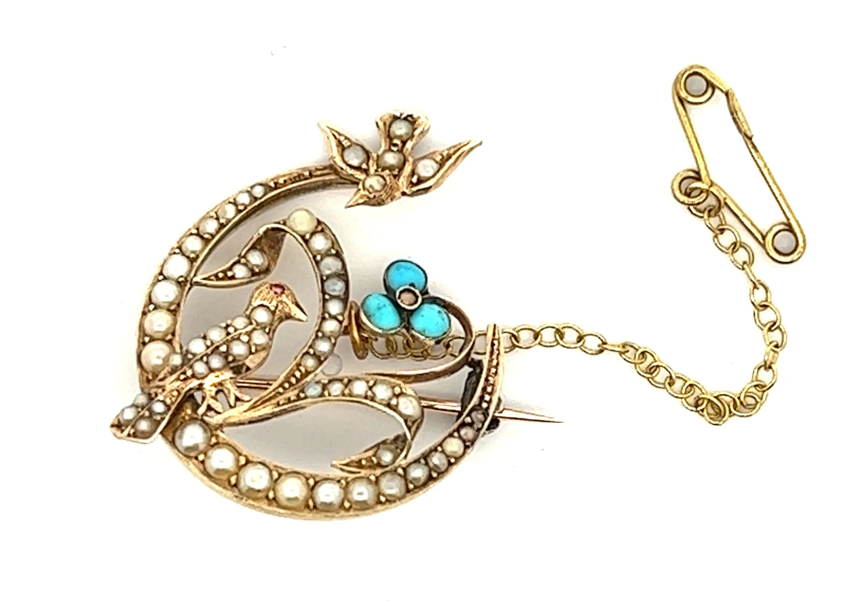 Vintage Turquoise & Seed Pearl 9ct Yellow Gold Bird & Flower Brooch